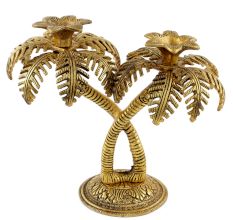 Golden Double Palm Tree Aluminium Candle Stand
